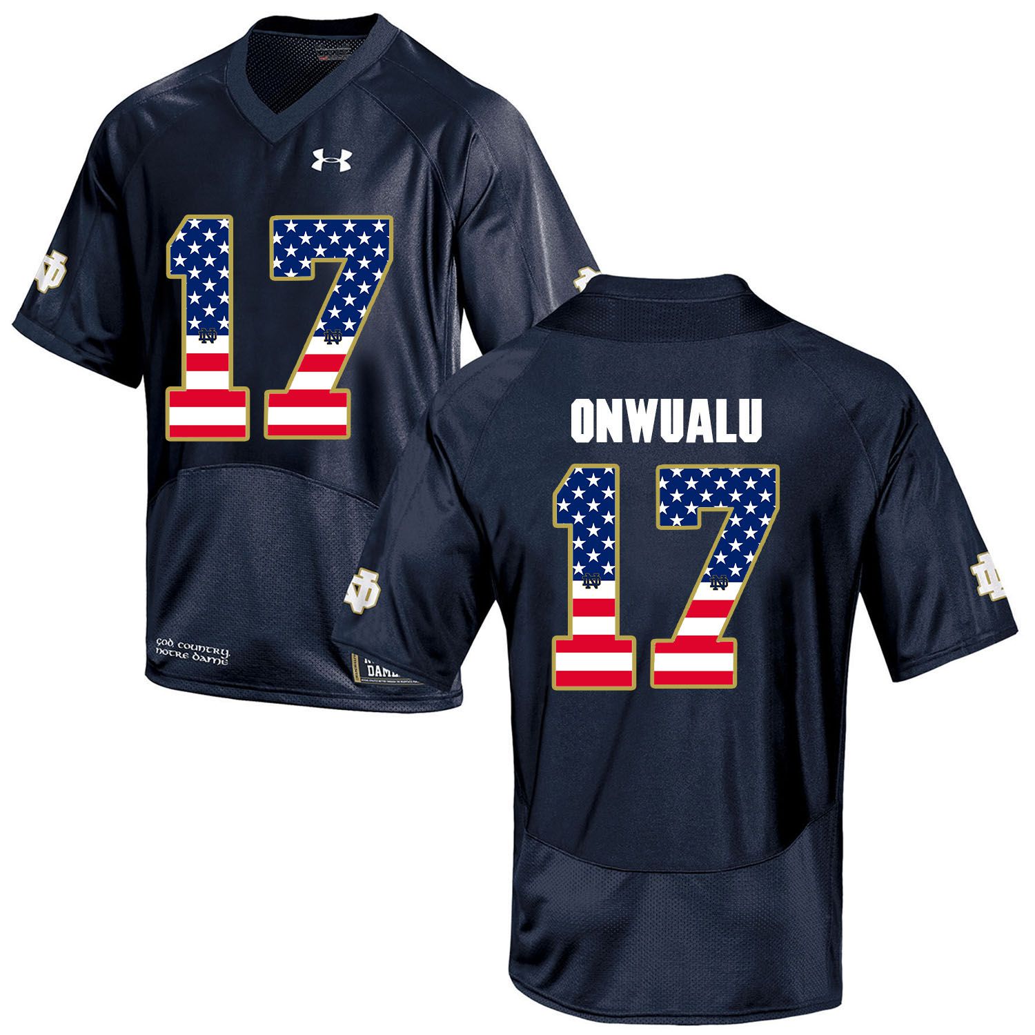 Men Norte Dame Fighting Irish #17 Onwualu Navy Blue Flag Customized NCAA Jerseys->customized ncaa jersey->Custom Jersey